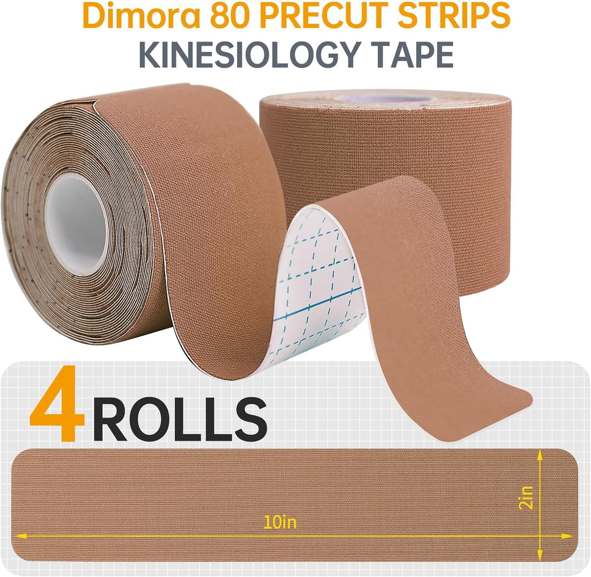 Dimora Kinesiology Tape 4 Rolls - Elastic Cotton Athletic Tape, 65.6 ft 80 Precut Strips in Total, Medical Grade Adhesive Sports Tape for Muscle Pain Relief and Joint Support