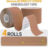 Dimora Kinesiology Tape 4 Rolls - Elastic Cotton Athletic Tape, 65.6 ft 80 Precut Strips in Total, Medical Grade Adhesive Sports Tape for Muscle Pain Relief and Joint Support