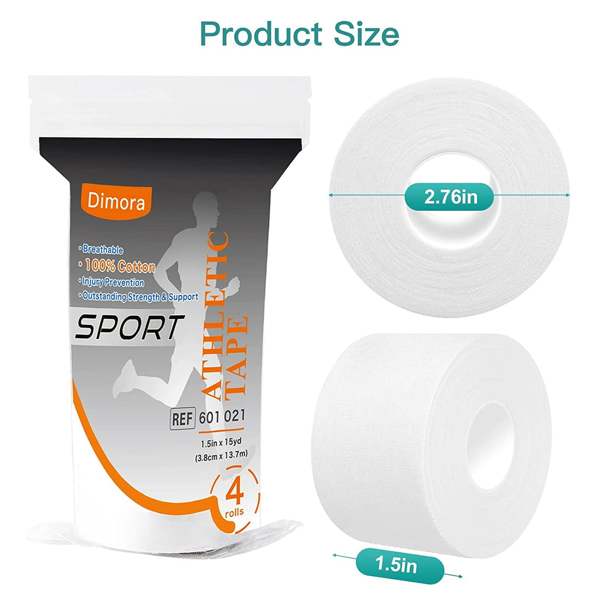 Dimora 4-Pack White Athletic Tape - Strong Adhesive Sports Tape No Sticky Residue Easy Tear Athletic Tapes & Wraps, Gymnastics Tape for Athletes(1.5inx45ft)