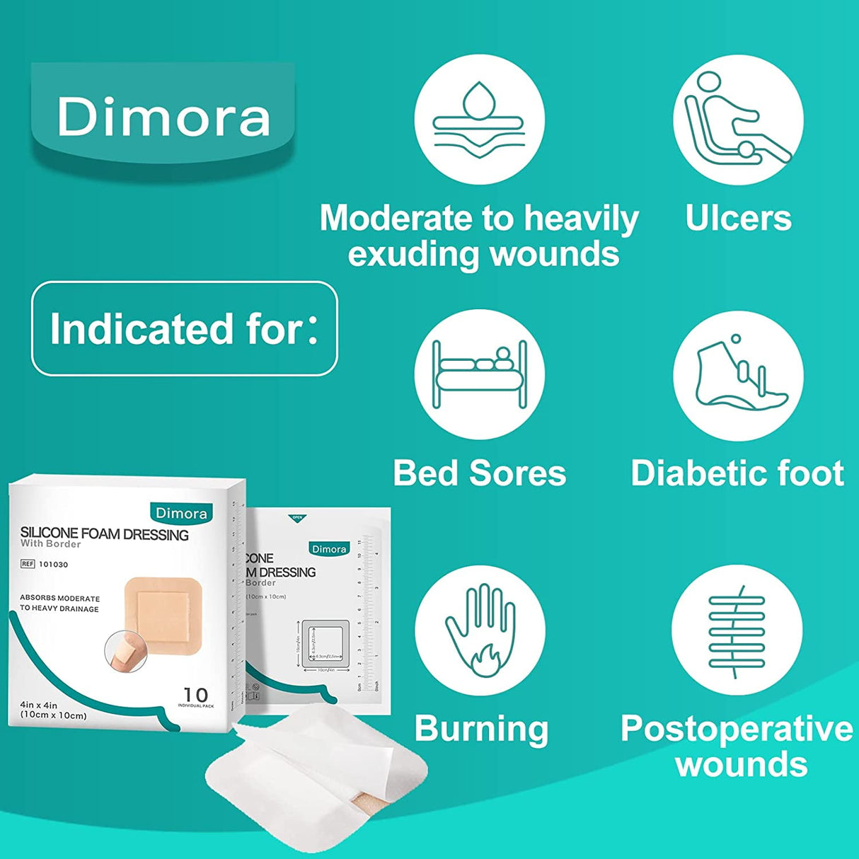 Dimora Silicone Foam Dressing with Border Waterproof Adhesive Bandages 4"X4" Pack of 10